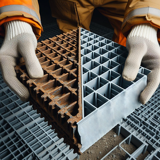 A side by side comparison of a rusted steel grating and FRP grating