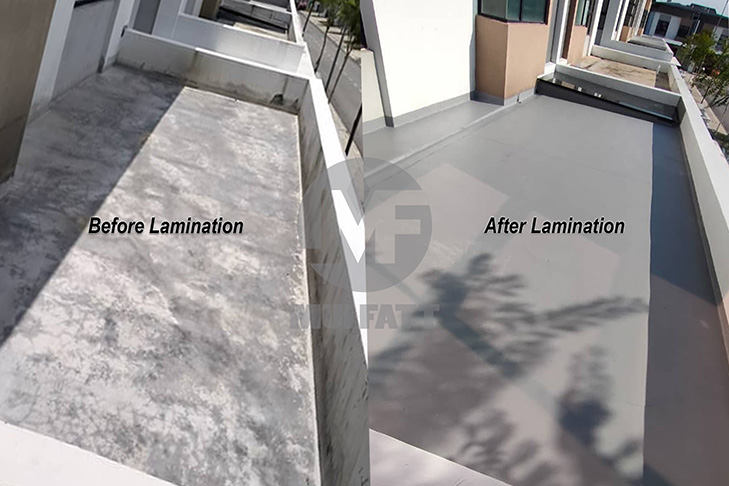 Side-by-side comparison of a concrete rooftop before and after FRP lamination, showcasing the transformation from weathered, unprotected surface to a seamless, waterproof, and UV-resistant FRP-coated finish.