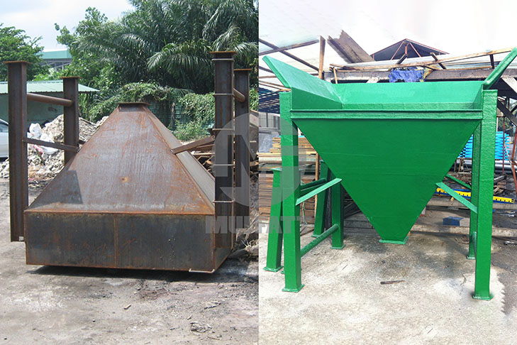 Side-by-side comparison of an untreated steel hopper and the same hopper after FRP lamination, highlighting corrosion protection and surface enhancement.