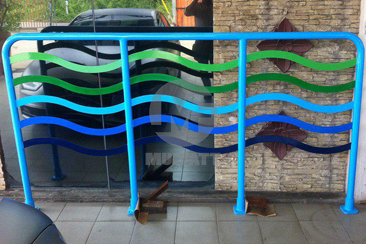 A detailed view of FRP pultruded handrail panel with multicolour wave inserts, ready for delivery to Majlis Perbandaran Kuantan project.