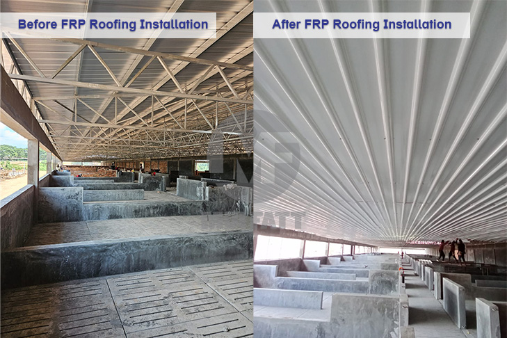 Comparison of pig farm roofing before FRP roofing installation with exposed metal structures vs. after installation with protective FRP sheets.