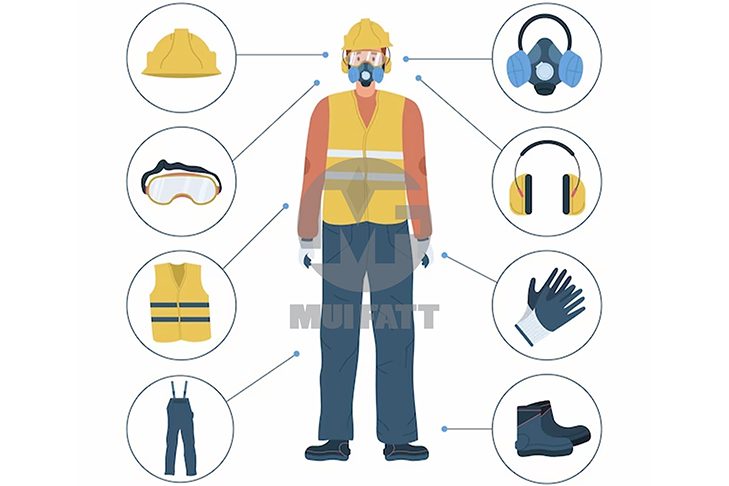 Illustration of essential PPE including helmet, gloves, respirator, and boots for confined space work safety