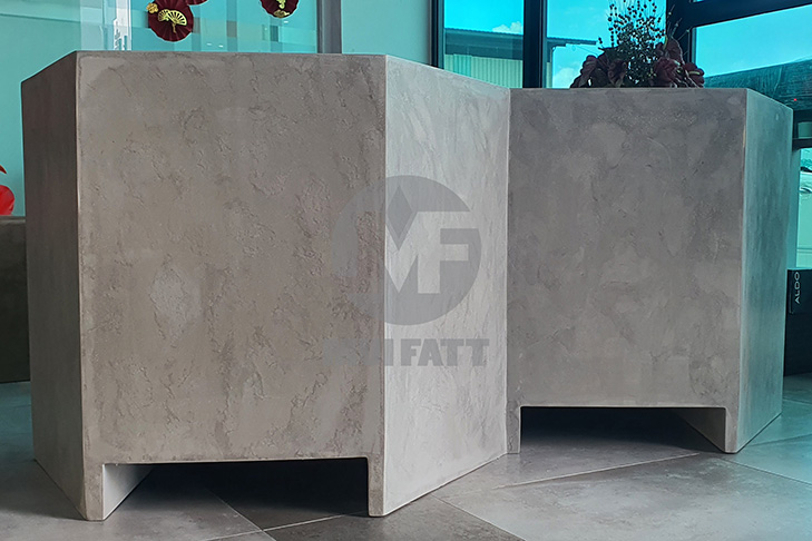Durable FRP planter box in grey concrete-look finish, hand-fabricated for Tuta Courtyard at Tasek Central Shopping Mall