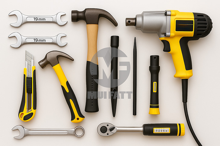 Neatly arranged image of FRP tank installation tools including 19mm wrenches, hammers, utility knife, torque wrench, alignment bars, and electric spanner.