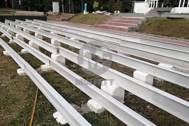 Installation of durable FRP I-beams as the base support structure for decking at Parit Falls Campsite, ensuring long-lasting and corrosion-resistant outdoor flooring foundation