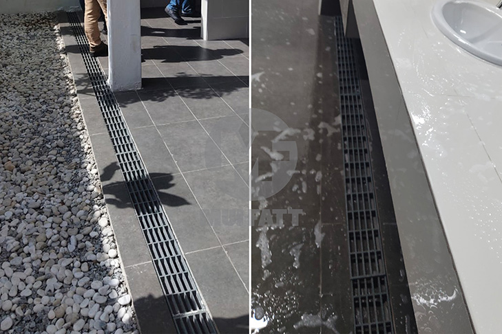 FRP grating installed in both outdoor walkway and indoor washbasin area of RNR restrooms for effective water drainage