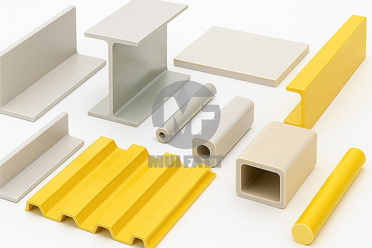 Assorted FRP pultruded profiles including angle bar, I-beam, square hollow, kickplate, flat bar, fandeck, and solid rod by Mui Fatt, displayed on white background for structural application reference.