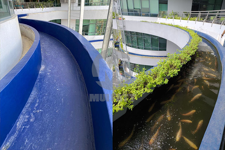 Side-by-side comparison showing FRP-laminated curved rooftop channel before and after aquaponic use, highlighting waterproofing success in Bandar Utama tower.