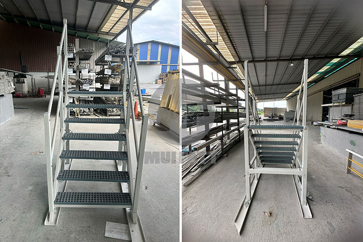 Front and rear perspective of custom-built FRP staircase with molded grating treads and structural handrails, designed for sewage plant use.