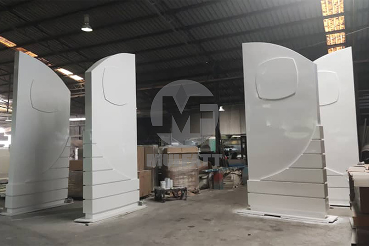 Group of large fiberglass-reinforced plastic signage boards fabricated by Mui Fatt, ready for delivery to plantation project site