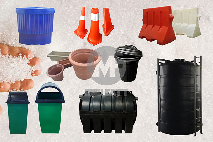 Collection of PE rotomolded products including bins, planter pots, road barriers, and water tanks produced by Mui Fatt.