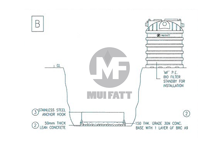 Technical drawing of a PE septic tank installation showing a 150mm thick reinforced concrete slab base with lean concrete layer and anchor hook.