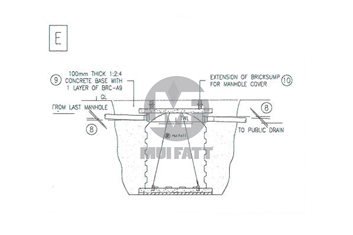 Detailed installation drawing showing the 100mm concrete base with BRC reinforcement for a PE septic tank, including manhole extension and connection to public drain.