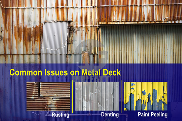 Visual of deteriorated corrugated metal siding with rust, dents, and paint damage highlighting why FRP is a better choice.