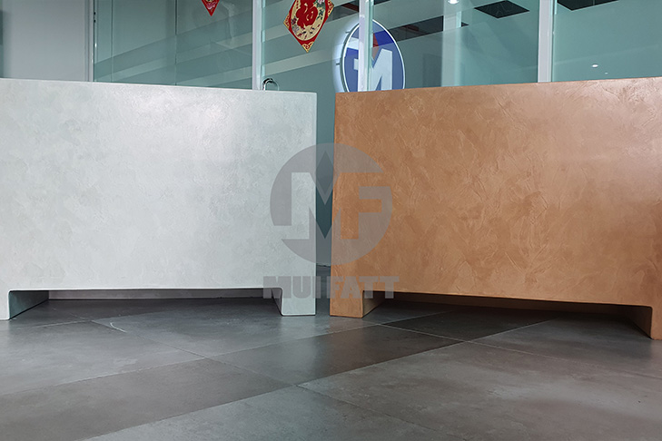 Two rectangular FRP planter boxes in concrete-look brown and grey textures, custom fabricated for Tuta Courtyard at Tasek Central Mall, 2025