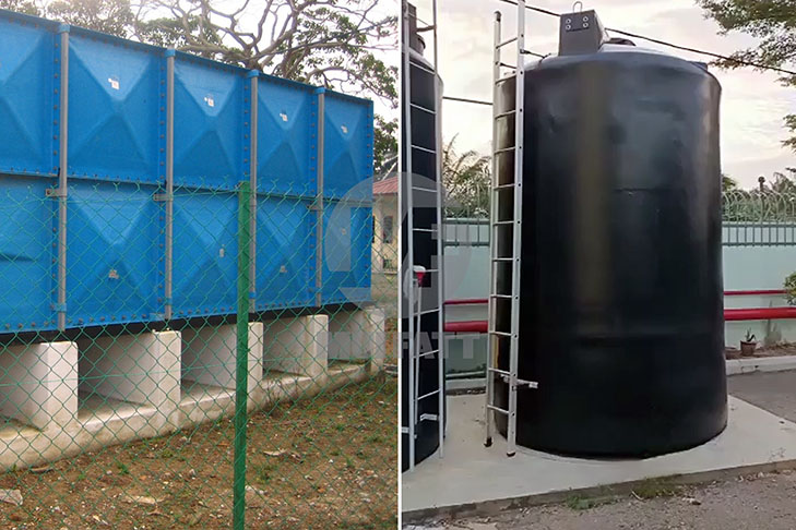 A comparison showing a GRP sectional panel tank installed on concrete plinths vs. a PE water tank mounted on a flat concrete slab, highlighting foundation differences.