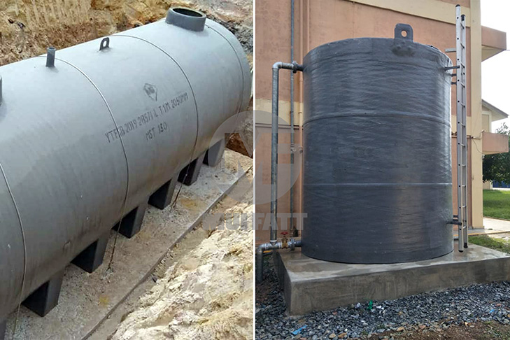 A visual comparison showing a horizontal underground septic tank installed on a reinforced concrete slab next to a vertical PE water tank mounted on a flat concrete base, highlighting different slab requirements for each tank type.
